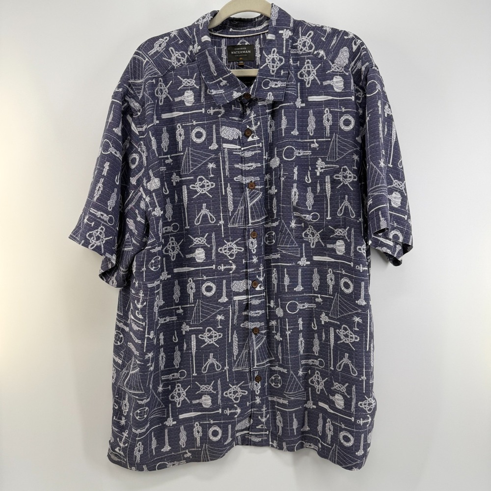 Quiksilver Waterman Collection Shirt Men XXL Blue Nautical Sailboat Short Sleeve